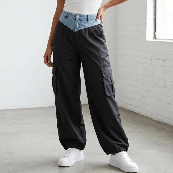 Blank NYC Pants - BlankNYC Size 27 Mixed Media Cargo Pants Denim Waist Black Baggy Jogger
